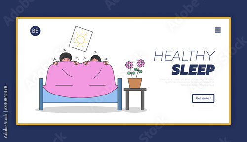 Concept Of Kids Nightmares. Website Landing Page. Pair of Scared Children Sit on Bed and Hiding From Imaginary Ghost Under Blanket. Web Page Cartoon Linear Outline Flat Style. Vector Illustration