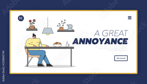 Concept Of Annoying In Communications. Website Landing Page. Annoyed Woman Sitting At The Table And Drink Coffee. Difficulties In Friendship. Web Page Cartoon Linear Outline Flat Vector Illustration