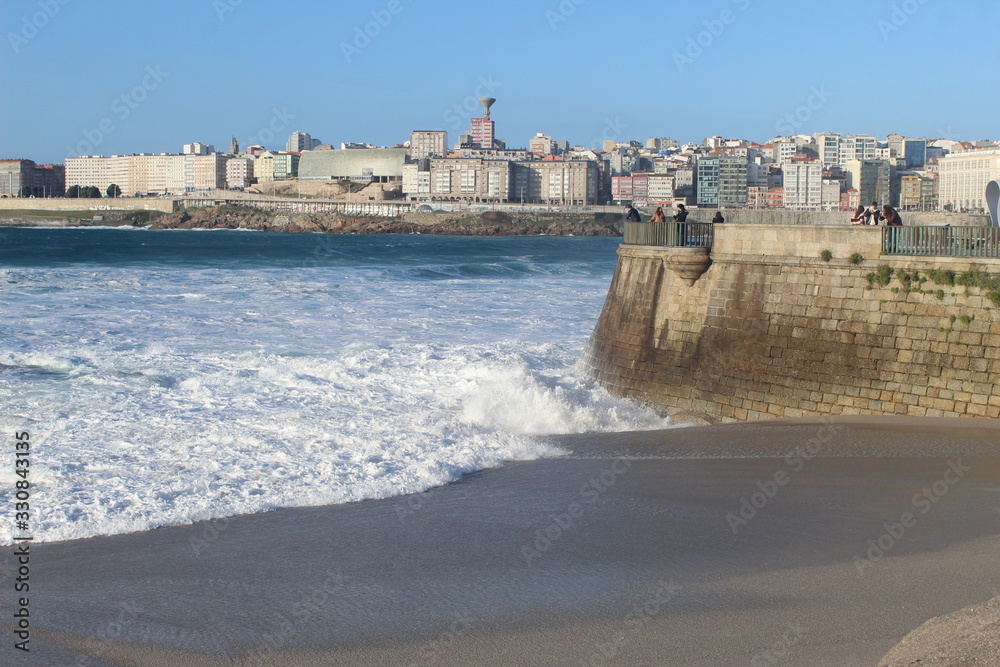 Waves and bad wheater in A Coruna city, in Spain