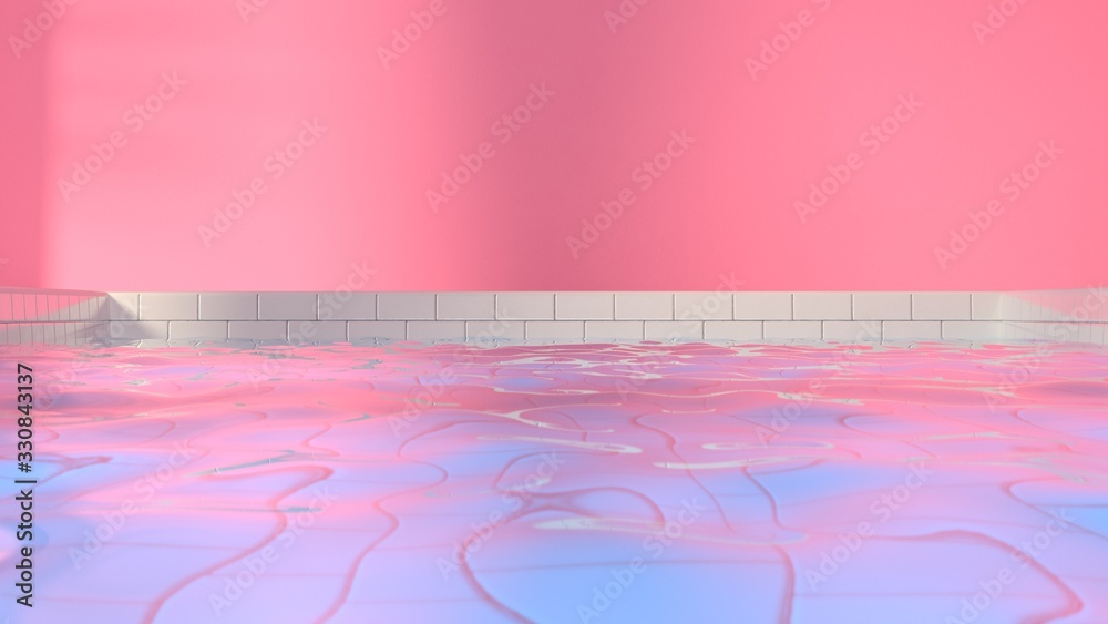 Swimming pool retro background with pink and blue colors. 3d