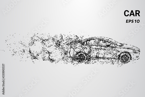 A car made of particles. The car consists of circles and dots. The car disintegrates into molecules.