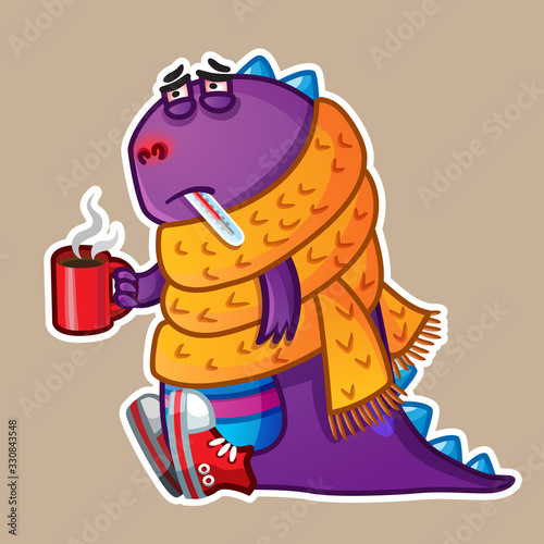 Cute purple cartoon dinosaur got sick , measures the temperature with a thermometer and drinks hot medicine. The dinosaur sits sad in a yellow scarf and is sick. Vector children's illustration