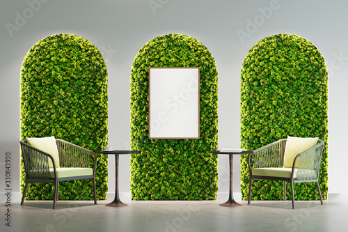 Empty light gallery with an empty vertical poster on an illuminated moss in the arch, with armchairs near coffee tables. Front view. 3d render