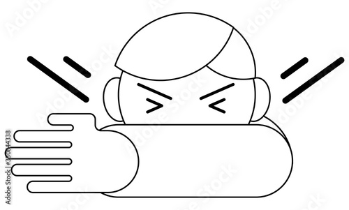 Covering mouth and nose when coughing and sneezing, flu or coronavirus prevention illustration. Black and white vector.