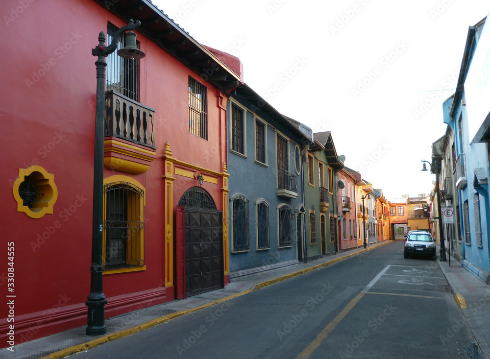 Colorful street in a traditional neighborhood of the city of Santiago, Chile