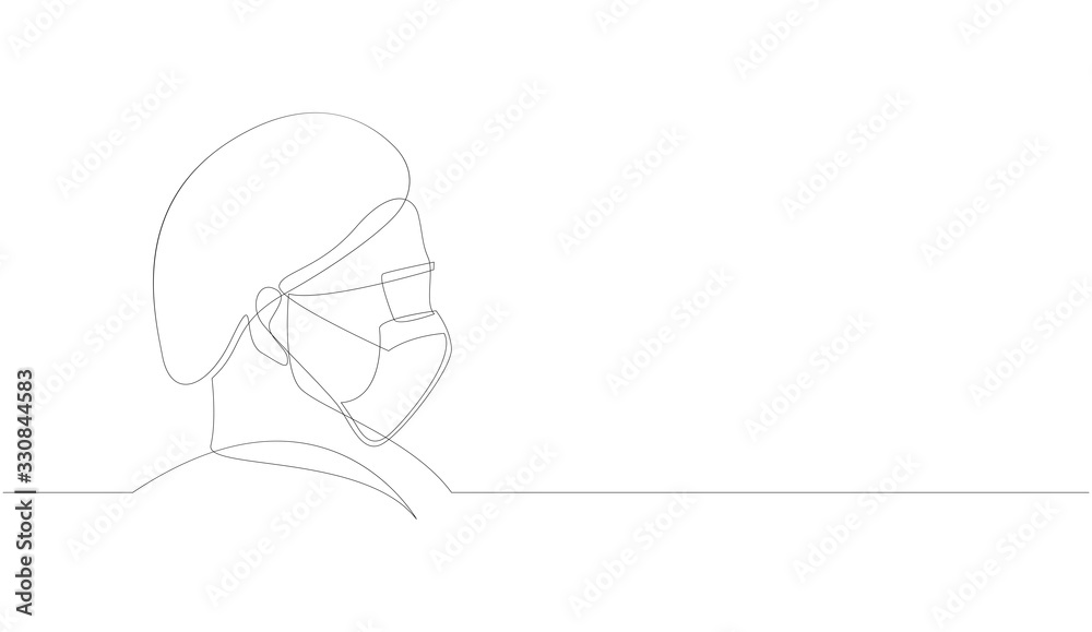 One continuous line drawing medical face mask. Concept of coronavirus. continuous single drawn one line surgeon hand-drawn picture silhouette. Line art. Doodle vector illustration.