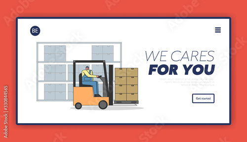 Work Process In Warehouse With Working Staff. Website Landing Page. Male Character Is Working On Forklift, Meet Deadlines Of Shipment Goods. Web Page Cartoon Linear Outline Flat Vector illustration