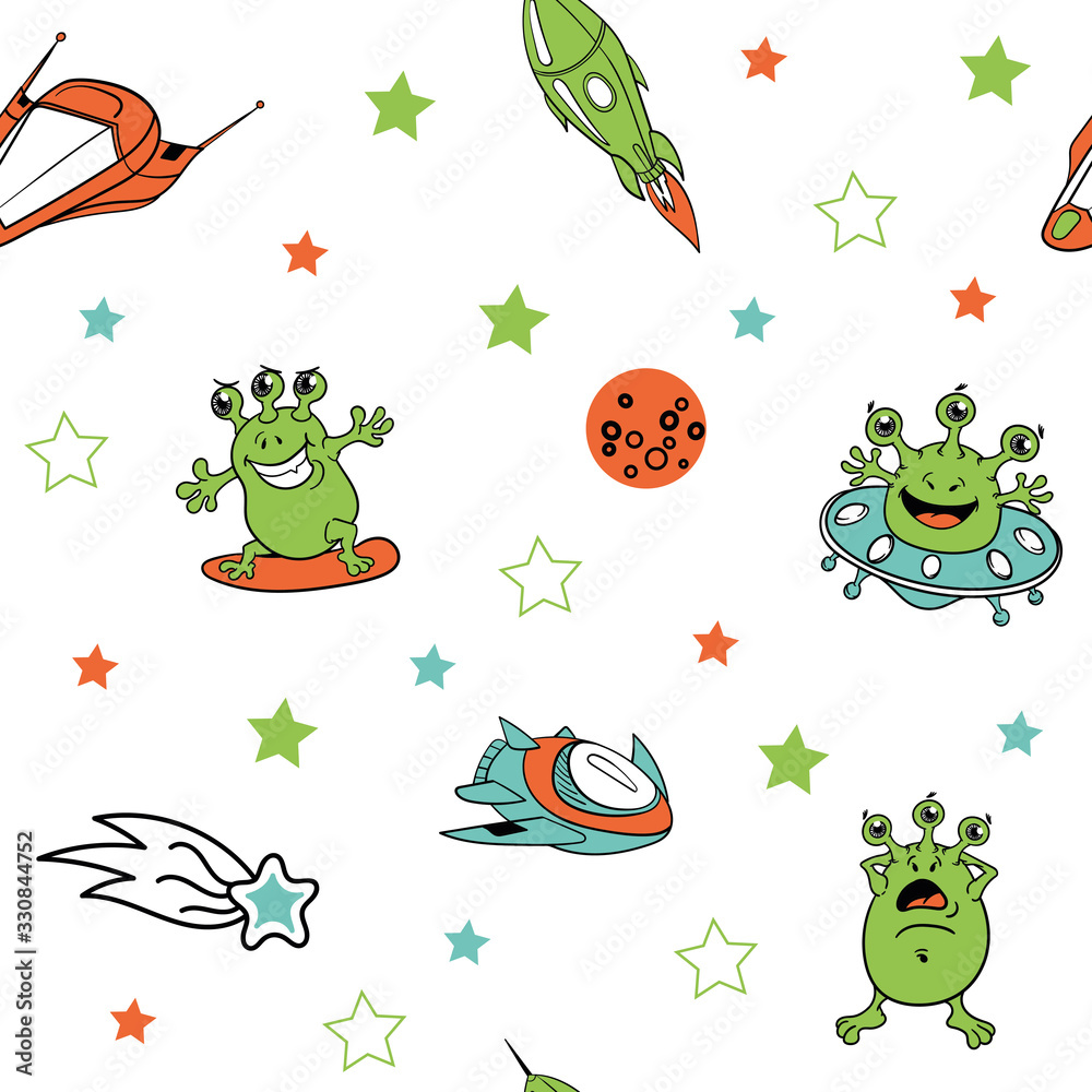 cute funny three-eyed multicolored aliens in a flying saucer , surfing in space with rockets, planets and spaceships, isolated, vector seamless pattern