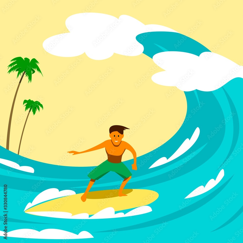 Young guy surfing on the background of billowing waves and palm trees. Summer fun, cartoon illustration.
