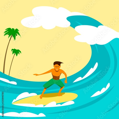 Young guy surfing on the background of billowing waves and palm trees. Summer fun  cartoon illustration.