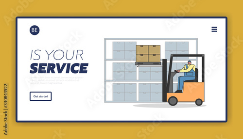 Work Process In Warehouse With Professional Working Staff. Website Landing Page. Man Is Working On Forklift, Loading And Unloading Parcels. Web Page Cartoon Linear Outline Flat Vector illustration