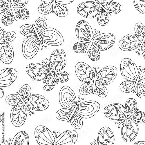 Seamless pattern with abstract hand-drawn butterflies, coloring page
