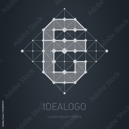 Logo with letter E. Design element with squares, triangles and rhombus. Vector logotype template.