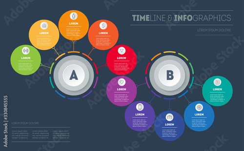 Infographic in the form of wave, consisting of 2 segments and 10 parts. Business presentation with options. Brochure design template. Diagram of technology or education process with ten steps. Vector.