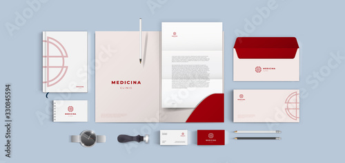 Medical cross lines logo corporate branding on red background. Corporate identity for medical firm and hospital. Health care company vector template. Realistic top view mock up mega pack.