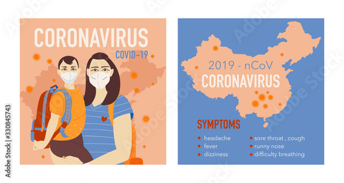 Coronavirus in World. Novel coronavirus (2019-nCoV), woman and your child in white medical face mask. Be ready for coronavirus. 