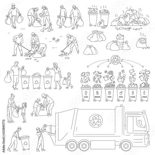 Set sorting and recycling waste. People volunteers clean environment from trash. Vector black white sketch illustration of solving environmental problems.