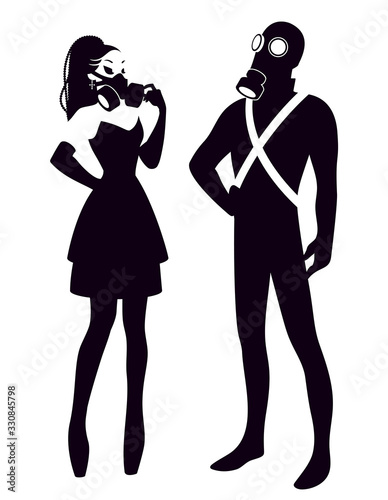 Cyber goth girl and boy wearing a respirator and a gas mask, gothic subculture black and white vector illustration.