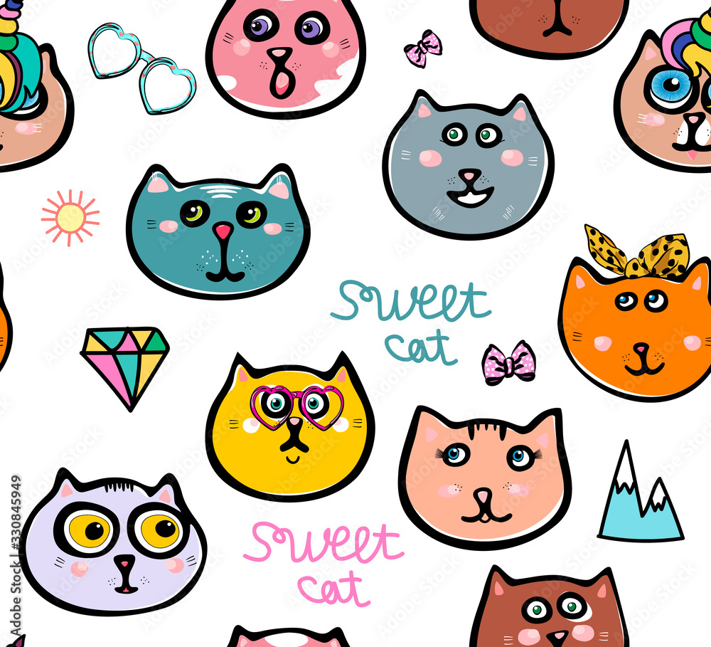 Fototapeta premium Seamless pattern with funny kittens and cat unicorn. Pattern for children fabrics.