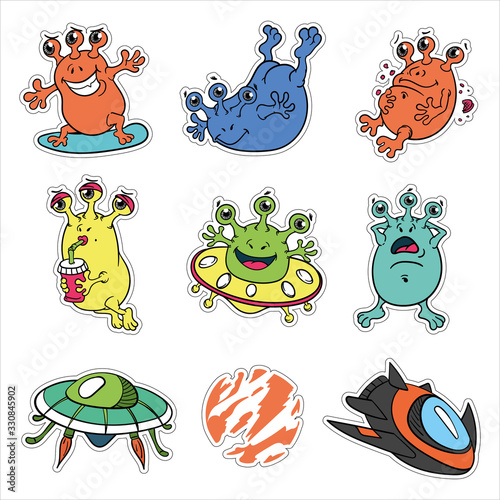 cute funny three-eyed colored aliens in a flying saucer , surfing in space with rockets, planets and spaceships, isolated, with outline, sticker set