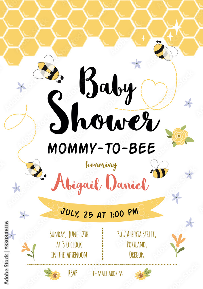 Bee Baby shower invitation template. Honoring Mommy to Bee, honey. Sweet  card with honeycomb background vector de Stock | Adobe Stock