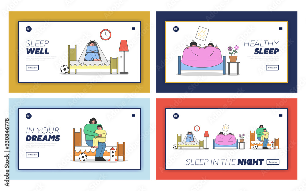 Website Landing Page. Kids Are Waking Up Of Nightmare And Sit Under The Blanket. Mother Is Calming Children Because Of Bad Dreams. Set Of Web Pages Cartoon Linear Outline Flat Vector Illustrations Website Landing Page. Kids Are Waking Up Of Nightmare And Sit Under The Blanket. Mother Is Calming Children Because Of Bad Dreams. Set Of Web Pages Cartoon Linear Outline Flat Vector Illustrations