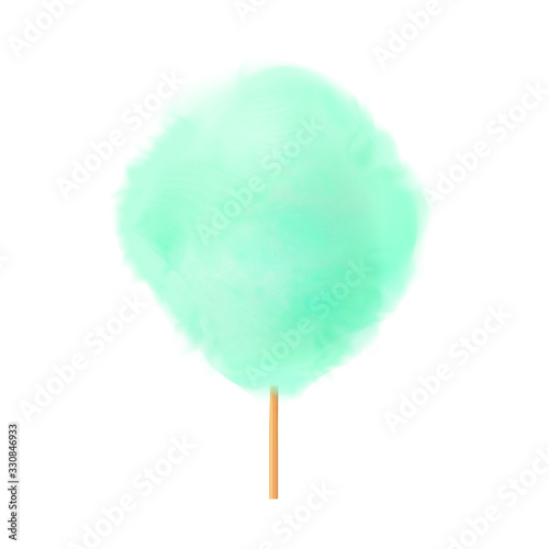 Cotton candy. Realistic green cotton candy on wooden stick. Summer tasty and sweet snack for children in parks and food festivals. 3d vector realistic illustration isolated on white background