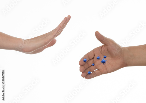 virus contaminated man and woman hands on white background photo