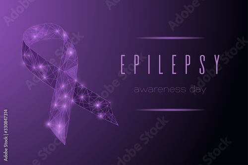 World epilepsy day concept with low polygonal ribbon. Bright Purple awareness ribbon on dark gradient background.