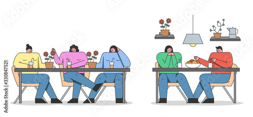 Concept Of Annoying Friend. Annoying and Intrusive Admirer Trying Unsuccessfully Have A Conversation. Friends Are Communicating And Drinking Together. Cartoon Linear Outline Flat Vector Illustration