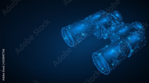 Abstract 3D image of an optical device. Lines and dots form a binocular. Blue background. Free space for information. photo