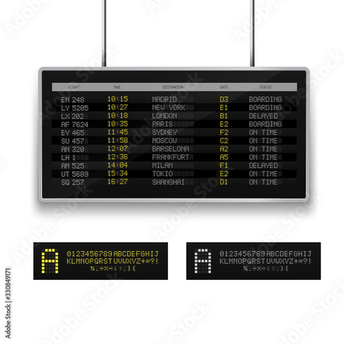 Realistic 3d digital led airport board with flight schedule.