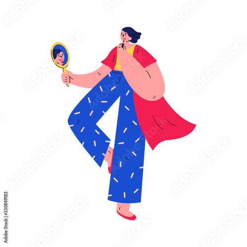 Happy girl standing in tree pose yoga position.Beautiful woman does the morning ritual.The girl makes a makeup.Flat cartoon character isolated on white background.Colorful vector illustration.