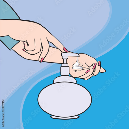 Clean hands with sanitizing gel . Pop art hand drawn style vector design illustrations.
