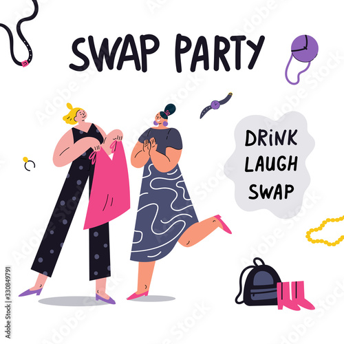 Young social and eco responsible girls at fashion swap party.Swap party invitation template.Idea of exchange your old wardrobe for new.Eco-friendly cloth exchange.Vector cartoon flat illustration