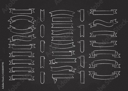 Chalk stroke blank label ribbon vector set illustration. White chalk style curved ribbons, scroll flags or curled labels with blank space for message, isolated on blackboard for special price promo photo
