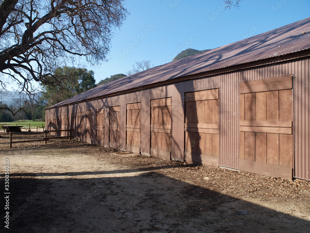 Rustic US National Park owned historic movie town barn in the Santa Monica Mountains National Recreation Area near Los Angeles Ca.  The buildings were destroyed in the 2018 Woolsey fire.