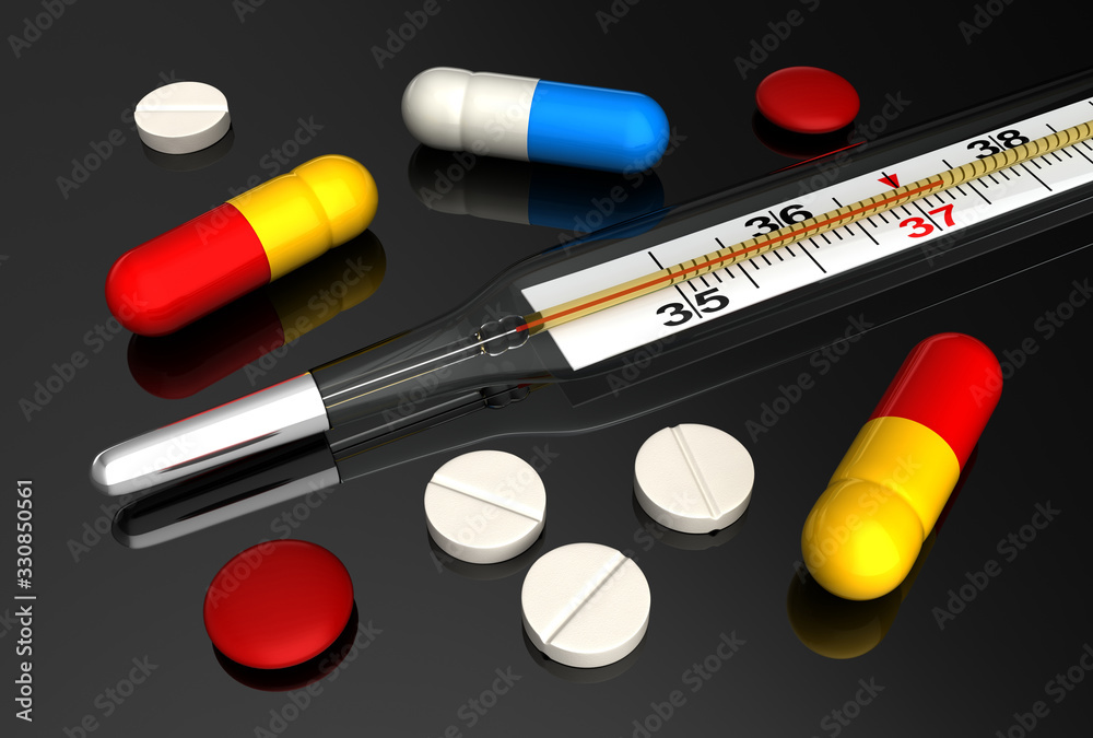 Medical thermometer and pills Medical thermometer and pills