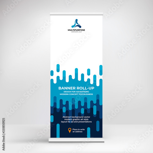 Banner roll-up design, creative layout of a mobile stand for visual advertising of stores and products. Modern design for product promotion and presentation