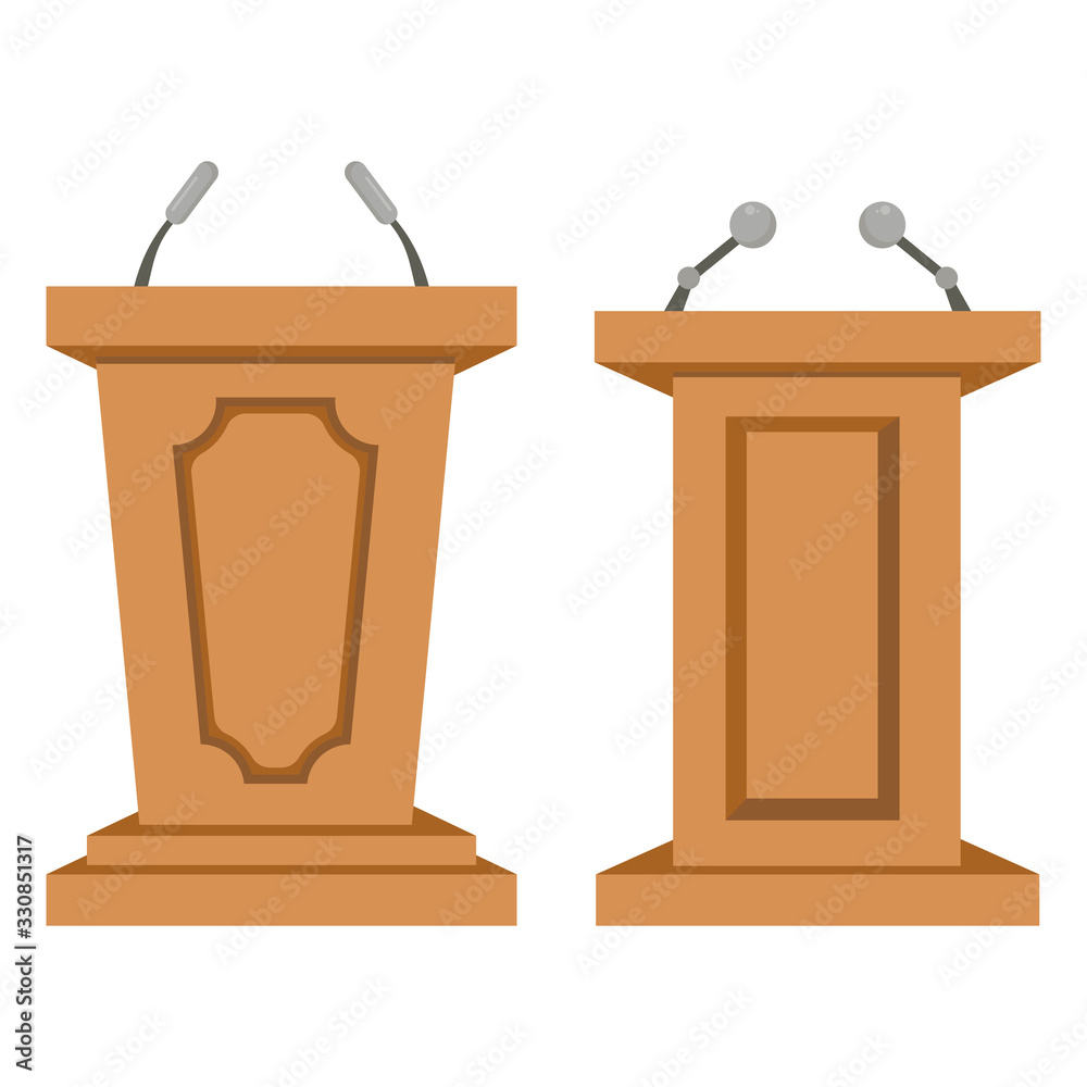 Conference speech tribune. Podium for public presenting. Debate stage. Stage stand with microphones. Vector. Conference speech tribune. Podium for public presenting. Debate stage. Stage stand with microphones. Vector.