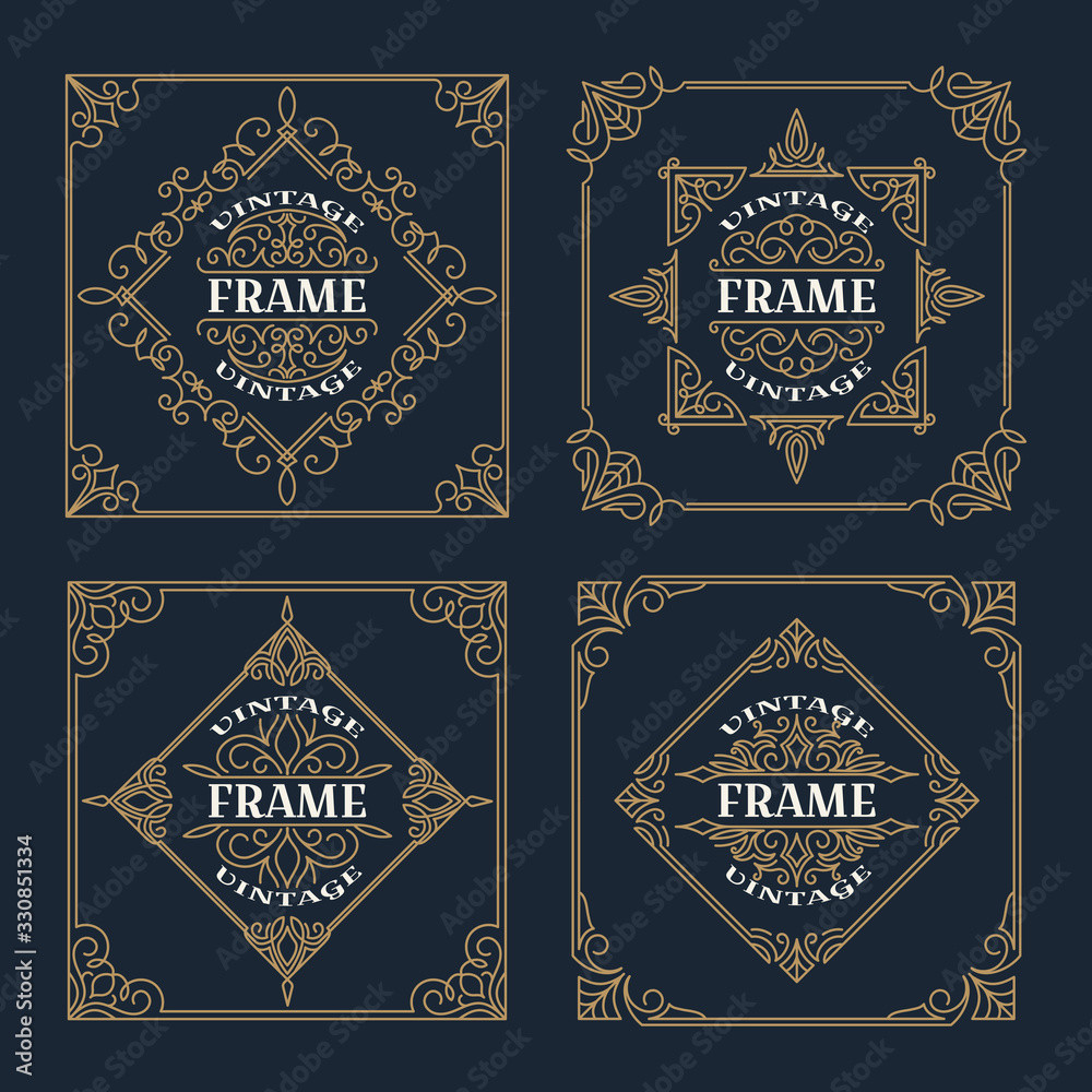 Set of vintage  ornament frame template, antique labels. Retro logo template. Victorian borders for greeting cards, wedding invitations and other design. Vector.
