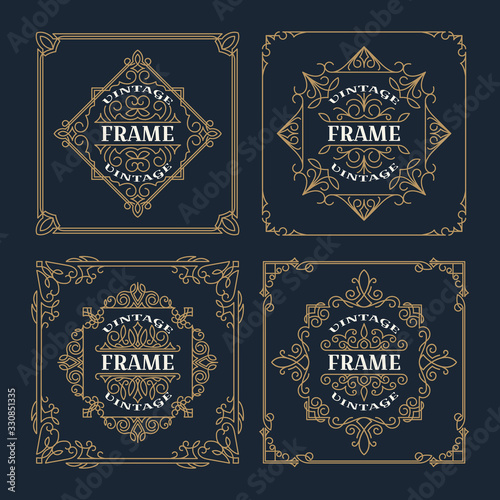 Set of vintage  ornament frame template, antique labels. Retro logo template. Victorian borders for greeting cards, wedding invitations and other design. Vector.