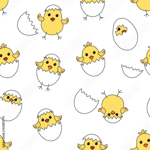 Easter seamless pattern with eggs chick and shells, yellow baby chickens isolated on white background. Vector illustration