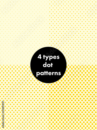 Halftone screen with four different sized round dots. Swatch registration is possible with a seamless pattern. Background material. yellow.