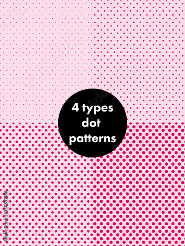 Halftone screen with four different sized round dots. Swatch registration is possible with a seamless pattern. Background material. pink.