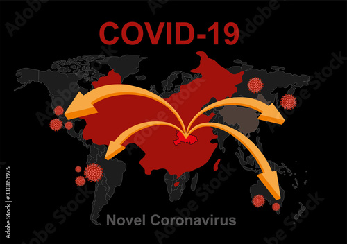 Covid-19 China pathogen respiratory coronavirus 2019-nCoV. Flu spreading of world, China map, arrows, floating influenza virus cells. Dangerous chinese ncov corona virus, SARS pandemic risk alert