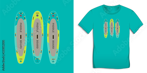 Print on t-shirt graphics art design, Paddle board, inflatable surf, surfboard colored, isolated on background vector