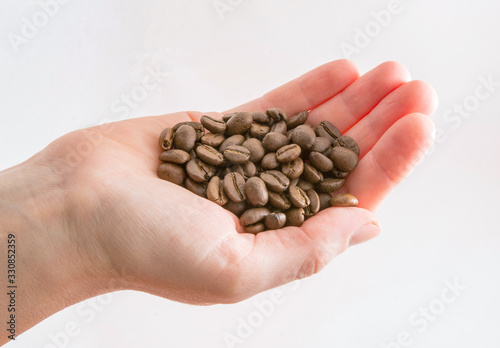 Coffee beans isolated on a white background lying in the palm of your hand.