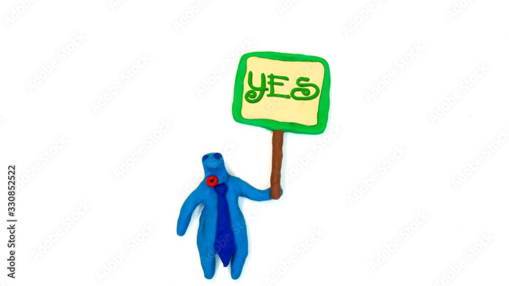 Looped stop motion cartoon. A man with banner with word Looped stop motion cartoon. A man with banner with word