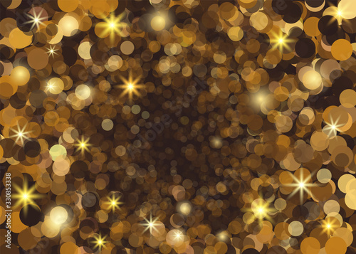Abstract yellow bokeh. Falling confetti with glowing highlights. Vector illustration template. Banner, poster, postcard.
